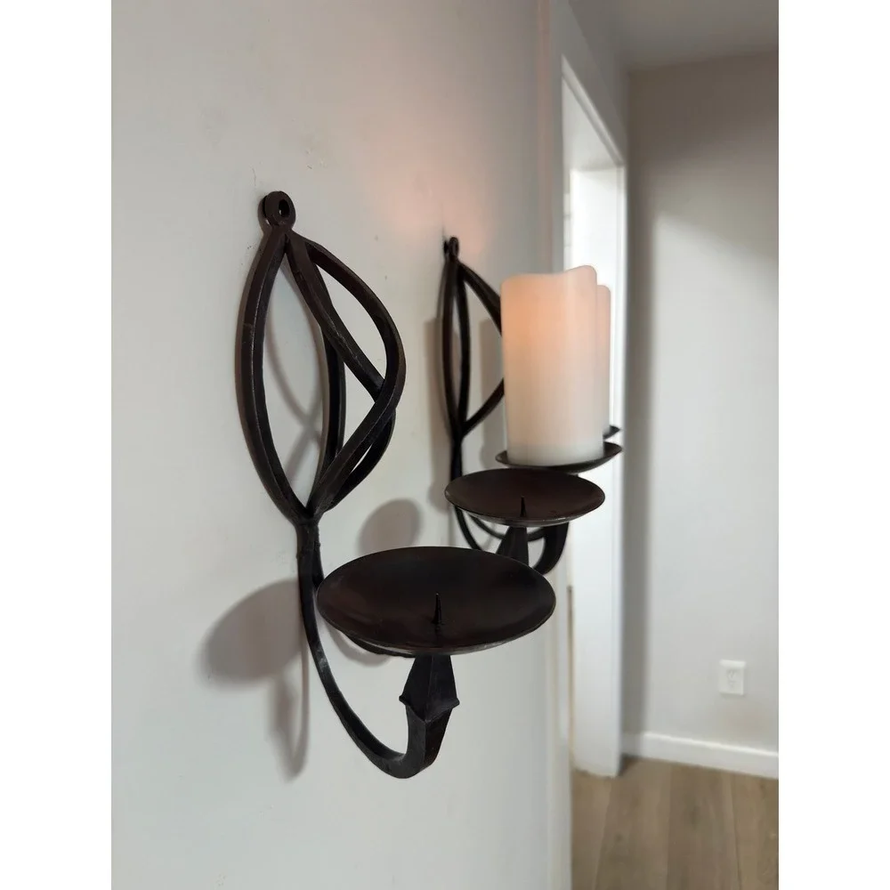 Vintage Pair Wrought Iron Double Arm Wall Sconces Candle Holders Gothic